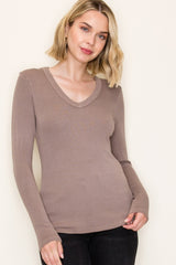 Mocha Fine Rib V-Neck Long Sleeve Top