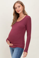 Burgundy Fine Rib Scoop Neck Maternity Long Sleeve Top