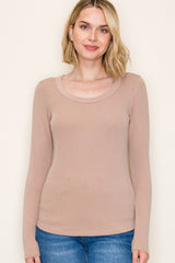 Beige Fine Rib Scoop Neck Long Sleeve Top