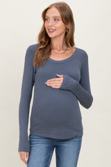 Dark Blue Fine Rib Scoop Neck Maternity Long Sleeve Top