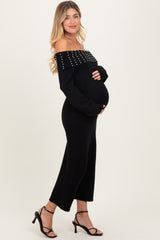Black Faux Pearl Detail Off Shoulder Maternity Sweater Dress