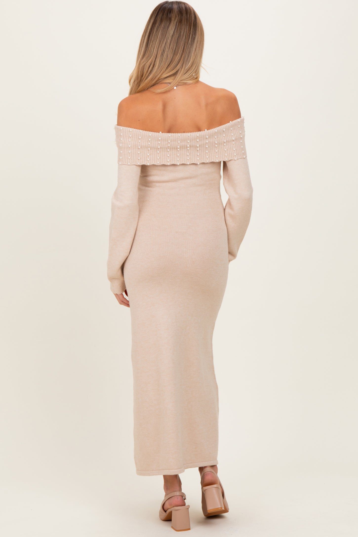Beige Faux Pearl Detail Off Shoulder Maternity Sweater Dress
