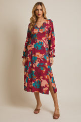 Burgundy Floral V-Neck Long Sleeve Maternity Dress