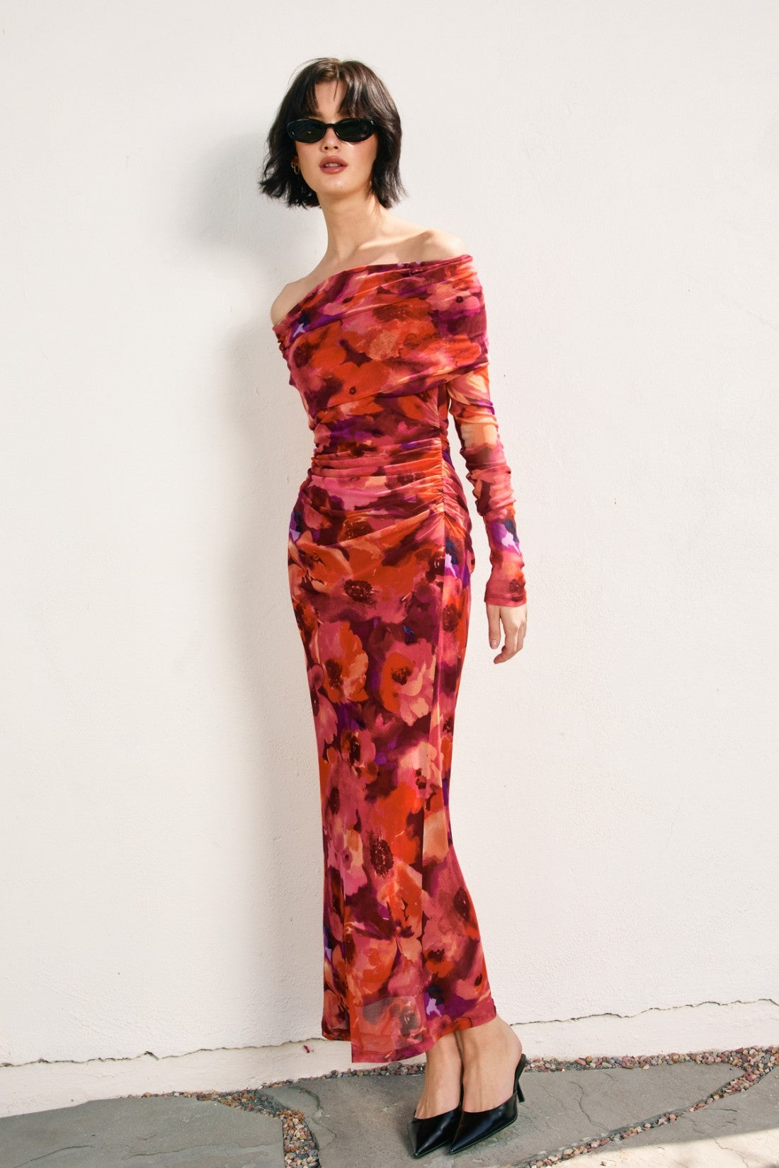 Red Floral Mesh Off Shoulder Long Sleeve Maxi Dress