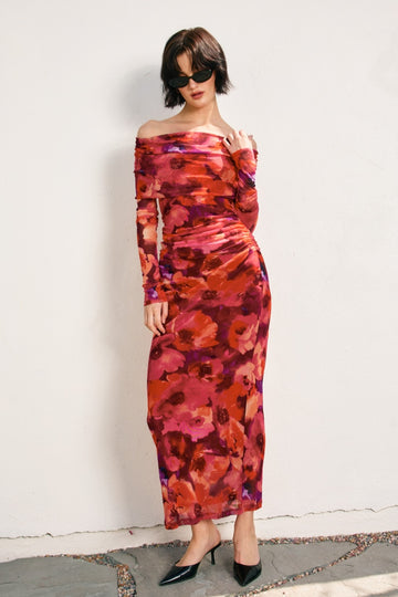 Red Floral Mesh Off Shoulder Long Sleeve Maxi Dress