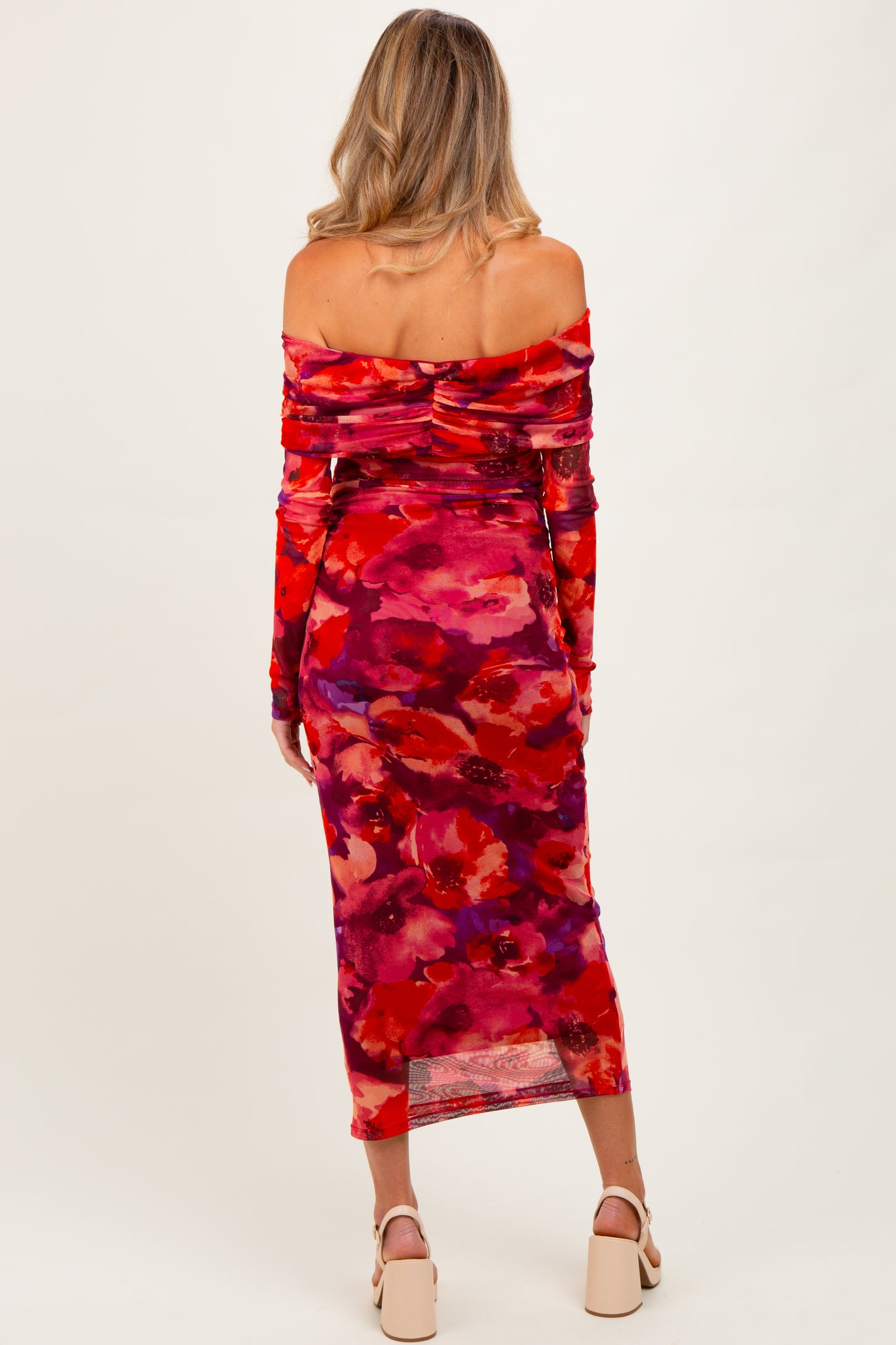 Red Floral Mesh Off Shoulder Long Sleeve Maternity Maxi Dress