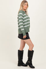 Light Olive Striped Oversized Polo Sweater