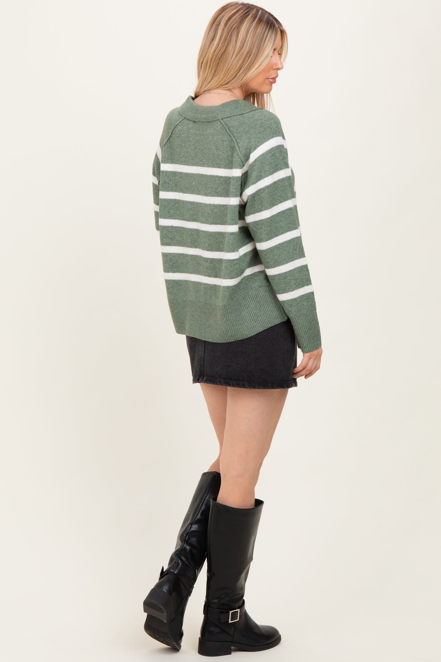 Light Olive Striped Oversized Polo Sweater