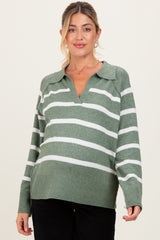 Light Olive Striped Oversized Polo Maternity Sweater