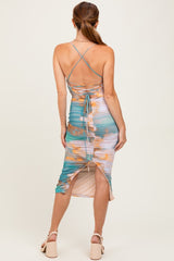 Jade Floral Mesh Ruched Crisscross Back Midi Dress