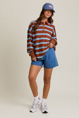 Brown Striped Oversized Long Sleeve Polo Top