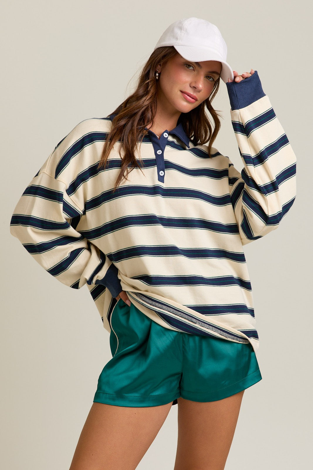 Cream Striped Oversized Long Sleeve Polo Top