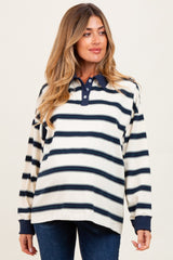 Cream Striped Oversized Long Sleeve Maternity Polo Top