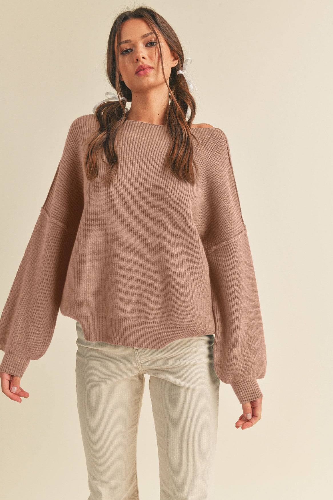 Light Taupe Balloon Sleeve Boat Neck Knit Sweater