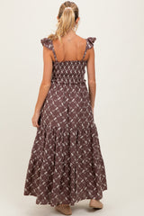 Brown Off White Floral Embroidered Tiered Maternity Maxi Dress