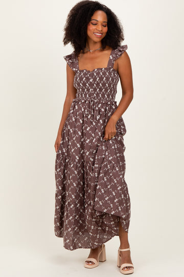 Brown Off White Floral Embroidered Tiered Maxi Dress