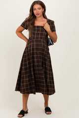 Brown Plaid Button Down Maternity Midi Dress
