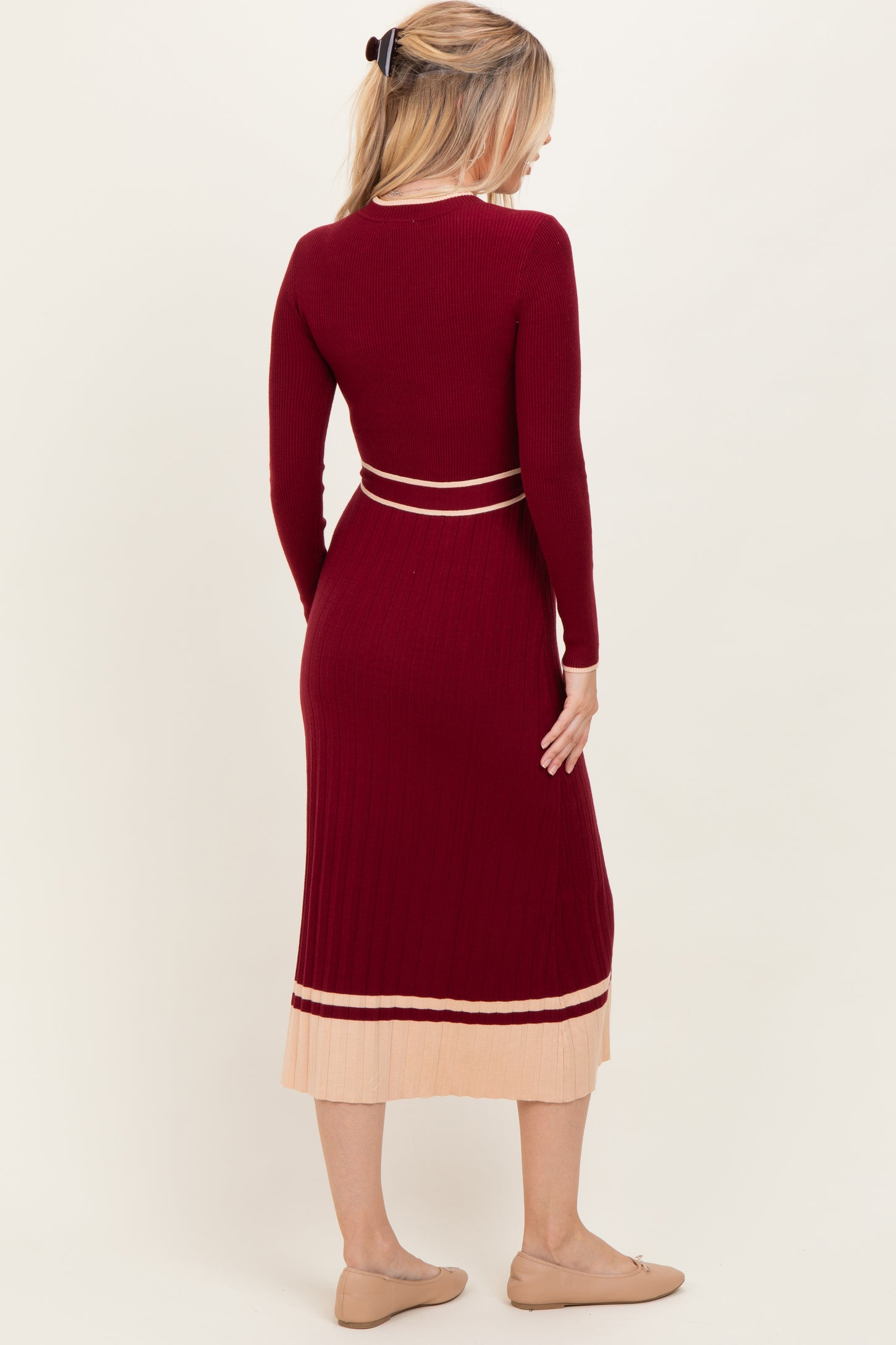 Burgundy Elegant Ribbed Midi Sweater Dress With Belt