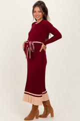 Burgundy Elegant Ribbed Midi Sweater Dress With Belt