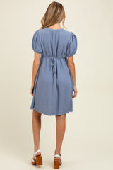 Blue Pintuck Detailed Cotton Double Gauze Maternity Mini Dress