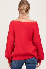 Red Balloon Sleeve Boat Neck Knit Maternity Sweater