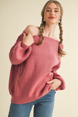 Mauve Balloon Sleeve Boat Neck Knit Sweater