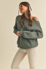 Olive Balloon Sleeve Boat Neck Knit Sweater