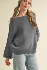 Charcoal Balloon Sleeve Boat Neck Knit Sweater