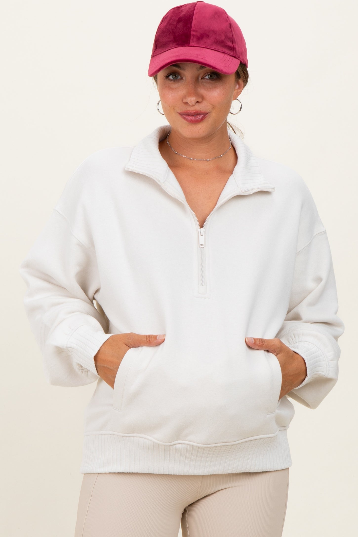 Ivory French Terry Quarter Zip Maternity Pullover
