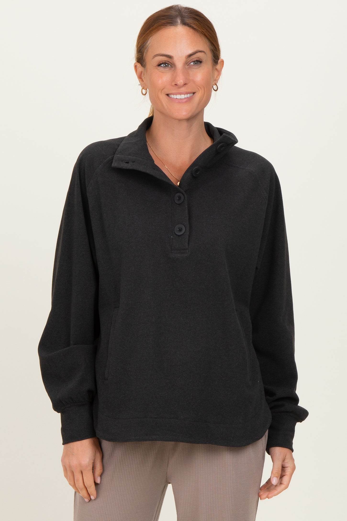 Black Brushed Knit Button Collar Pullover