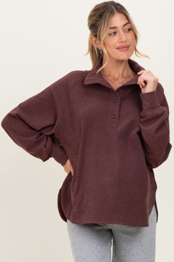 Burgundy Brushed Knit Button Collar Maternity Pullover