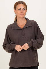 Brown Brushed Knit Button Collar Pullover