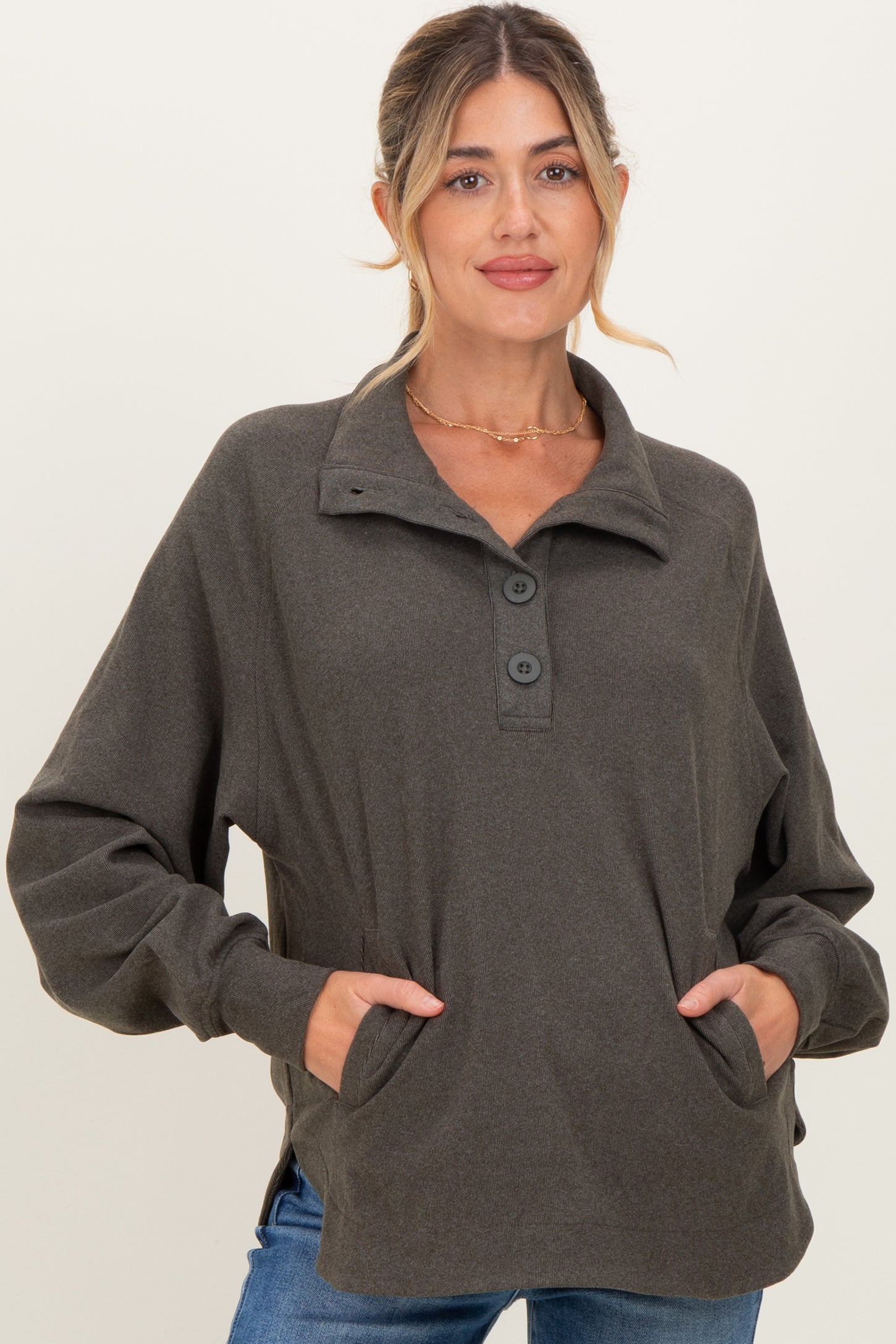 Forest Green Brushed Knit Button Collar Maternity Pullover