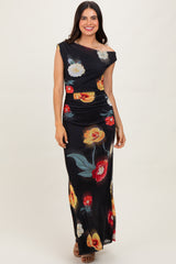 Black Mesh Floral One Shoulder Maxi Dress