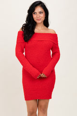 Red Off The Shoulder Knit Sweater Maternity Mini Dress