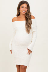 Ivory Off The Shoulder Knit Sweater Maternity Mini Dress