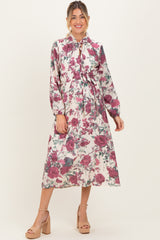 Cream Floral Neck Tie Long Sleeve Maternity Midi Dress