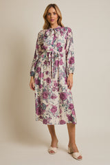 Cream Floral Neck Tie Long Sleeve Midi Dress