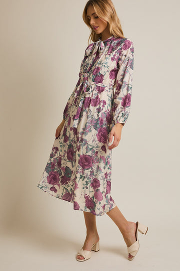 Cream Floral Neck Tie Long Sleeve Midi Dress