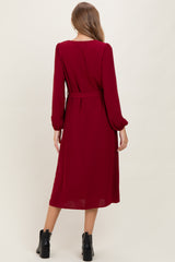 Burgundy V Neck Long Sleeve Button Down Maternity Midi Dress