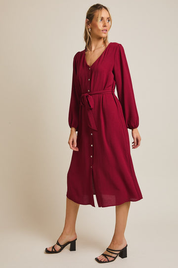 Burgundy V Neck Long Sleeve Button Down Midi Dress