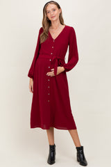 Burgundy V Neck Long Sleeve Button Down Maternity Midi Dress
