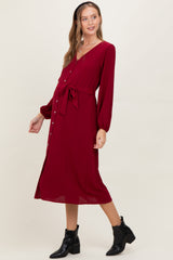 Burgundy V Neck Long Sleeve Button Down Maternity Midi Dress