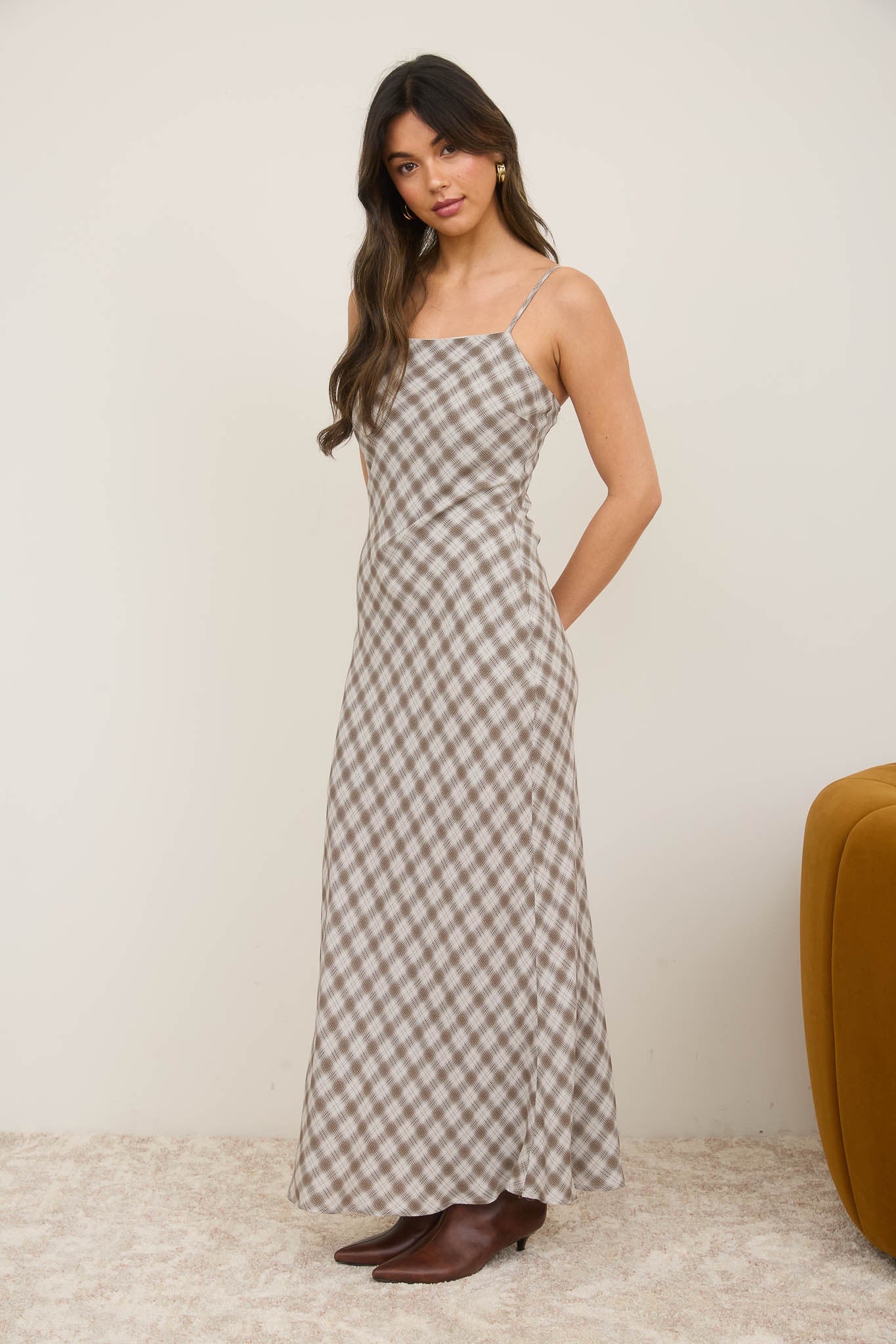 Ivory Plaid Sleeveless Maternity Maxi Dress
