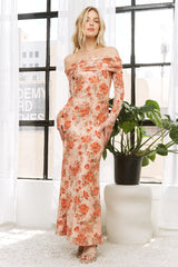 Light Pink Rose Floral Off Shoulder Maxi Dress