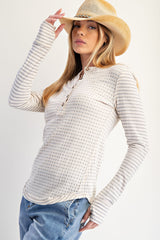 Cream Mixed Print Henley Long Sleeve Top