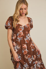 Brown Floral Sweetheart Puff Sleeve Midi Dress