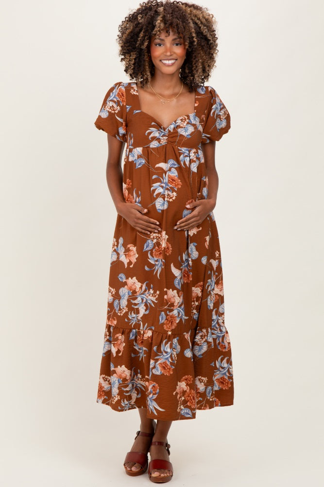 Brown Floral Sweetheart Puff Sleeve Maternity Midi Dress