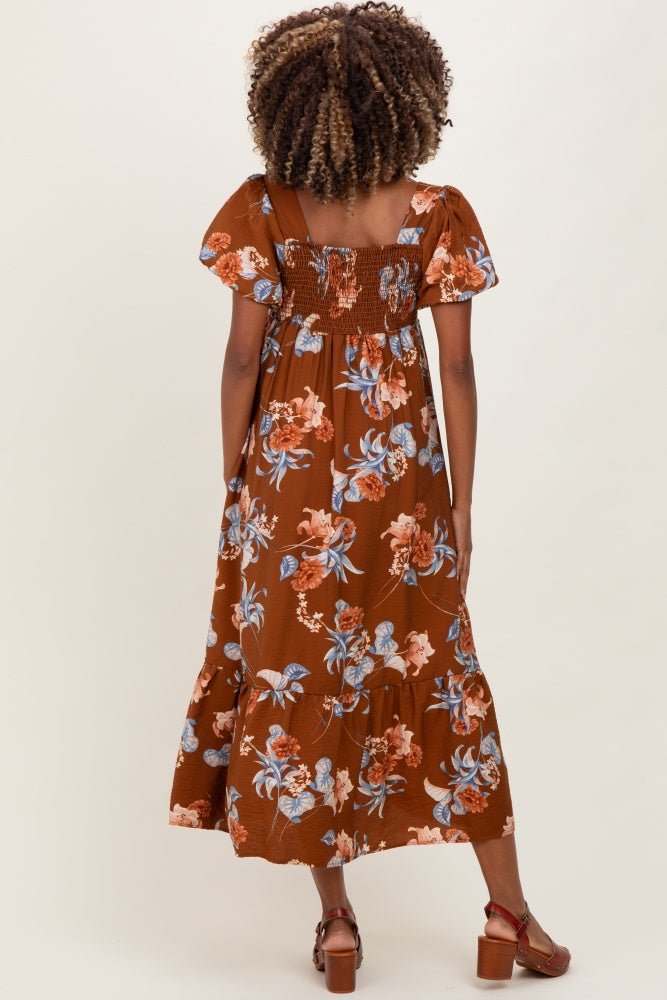 Brown Floral Sweetheart Puff Sleeve Maternity Midi Dress