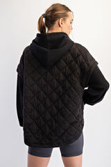 Black Quilted Contrast Button Hoodie